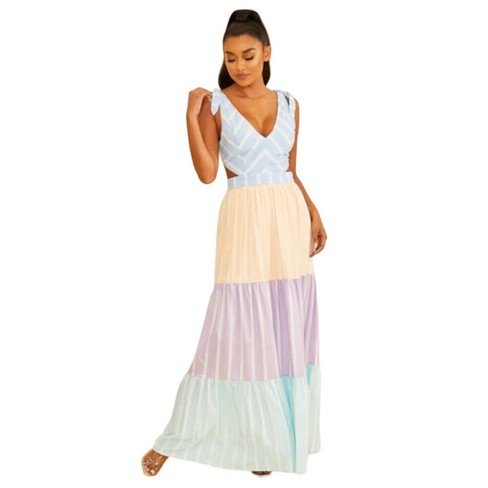 Striped‎ Maxi Dress Womens Medium Color Block Pastel Open Back Summer Gown Long